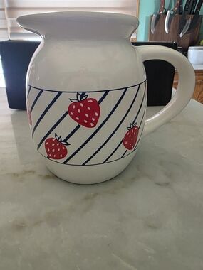 Ceramic Strawberry Pitcher - White with Red and Blue